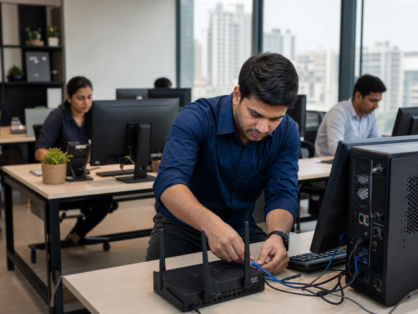 On-site technician checking office computers and network equipment under an IT AMC