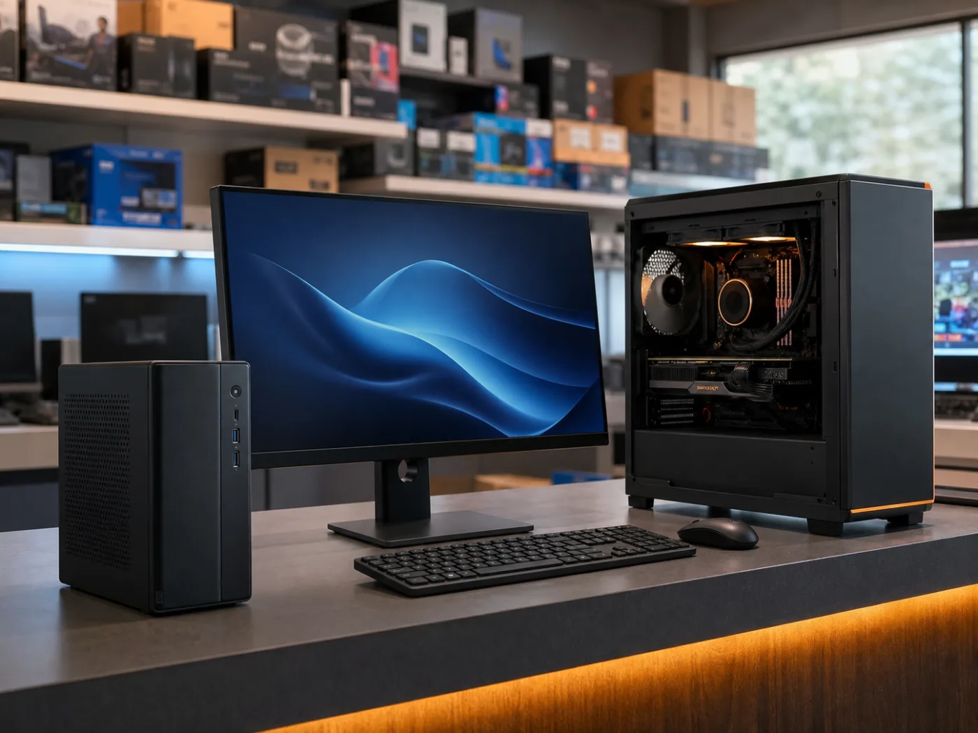 Office desktop, custom assembled PC and monitor displayed in a computer shop
