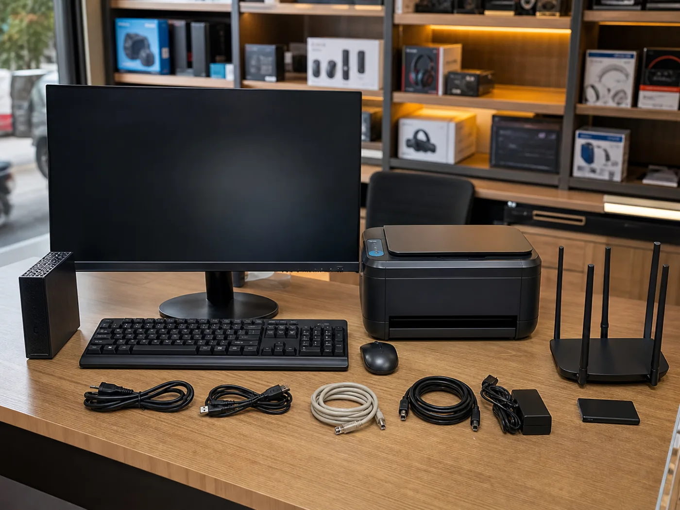 Monitor, printer, keyboard, router, storage and computer accessories on display