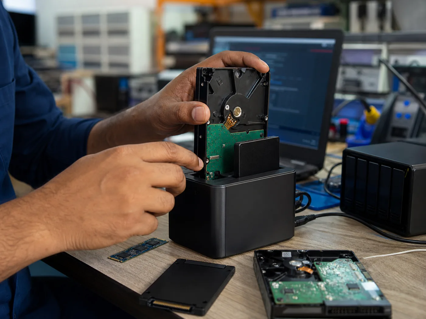 Hard disk and SSD connected to a professional data recovery workstation
