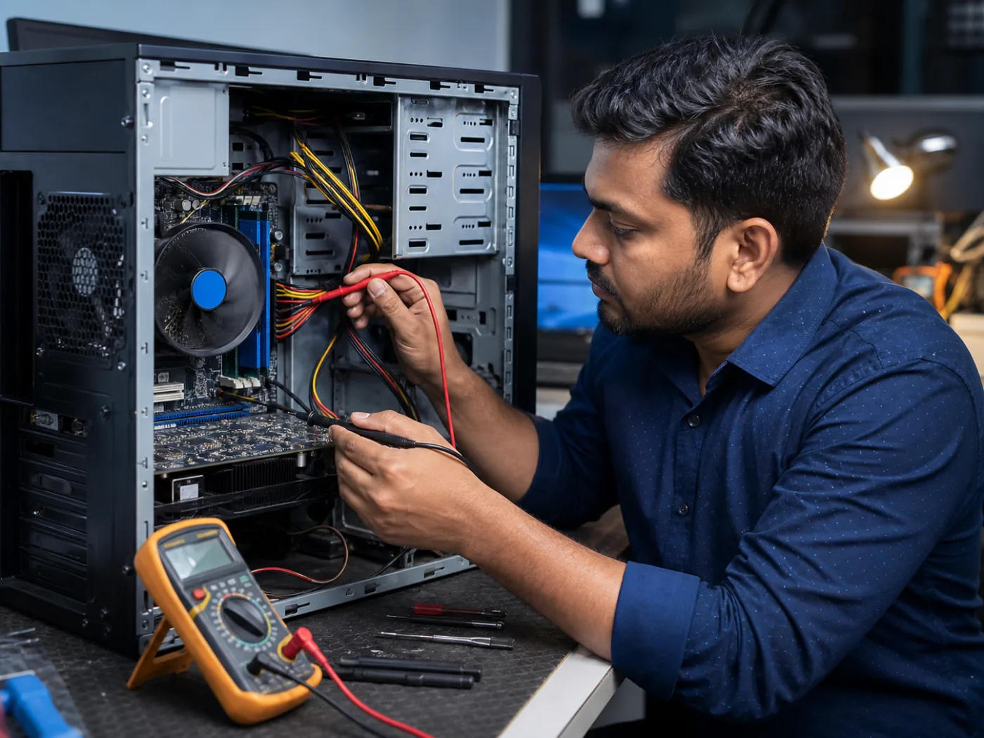 Technician testing an open desktop computer with a multimeter