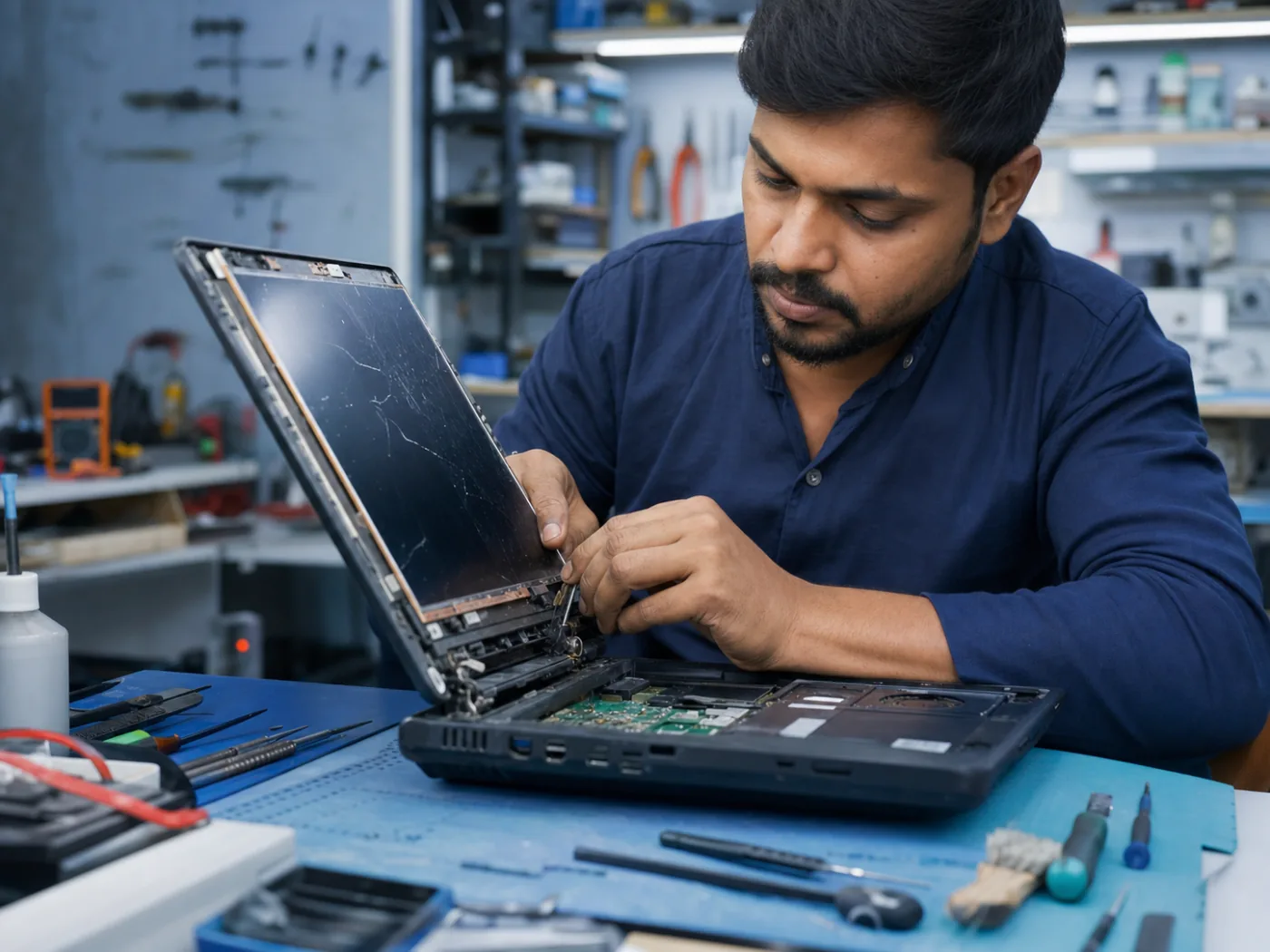Technician replacing a damaged laptop screen and inspecting its hinge