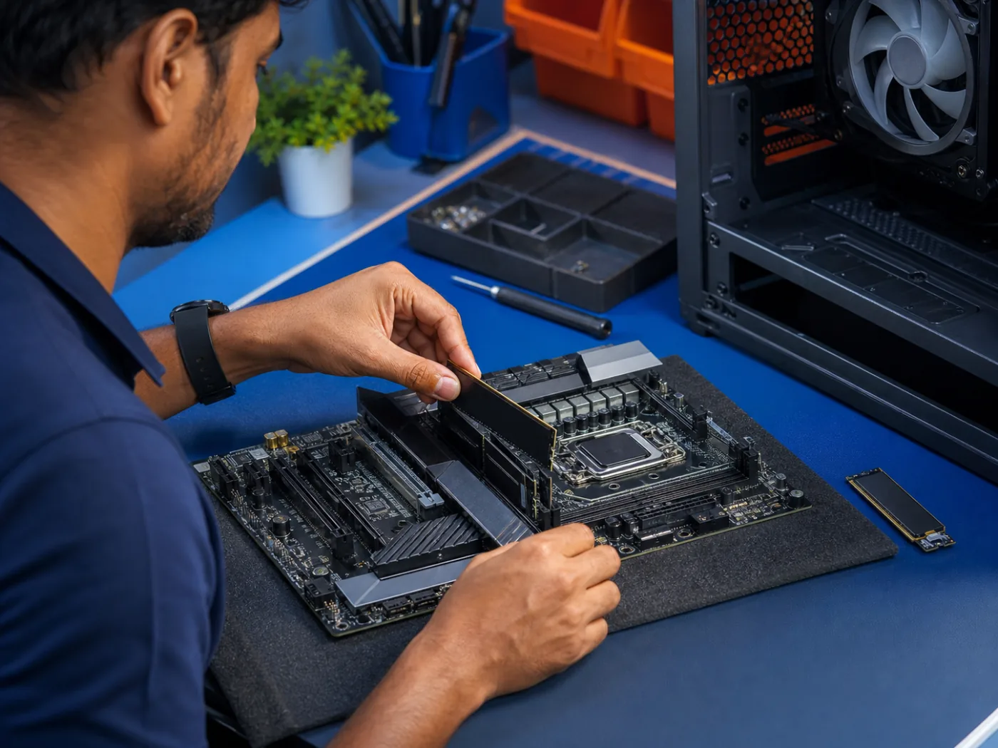 Technician installing RAM and an NVMe SSD on a desktop motherboard