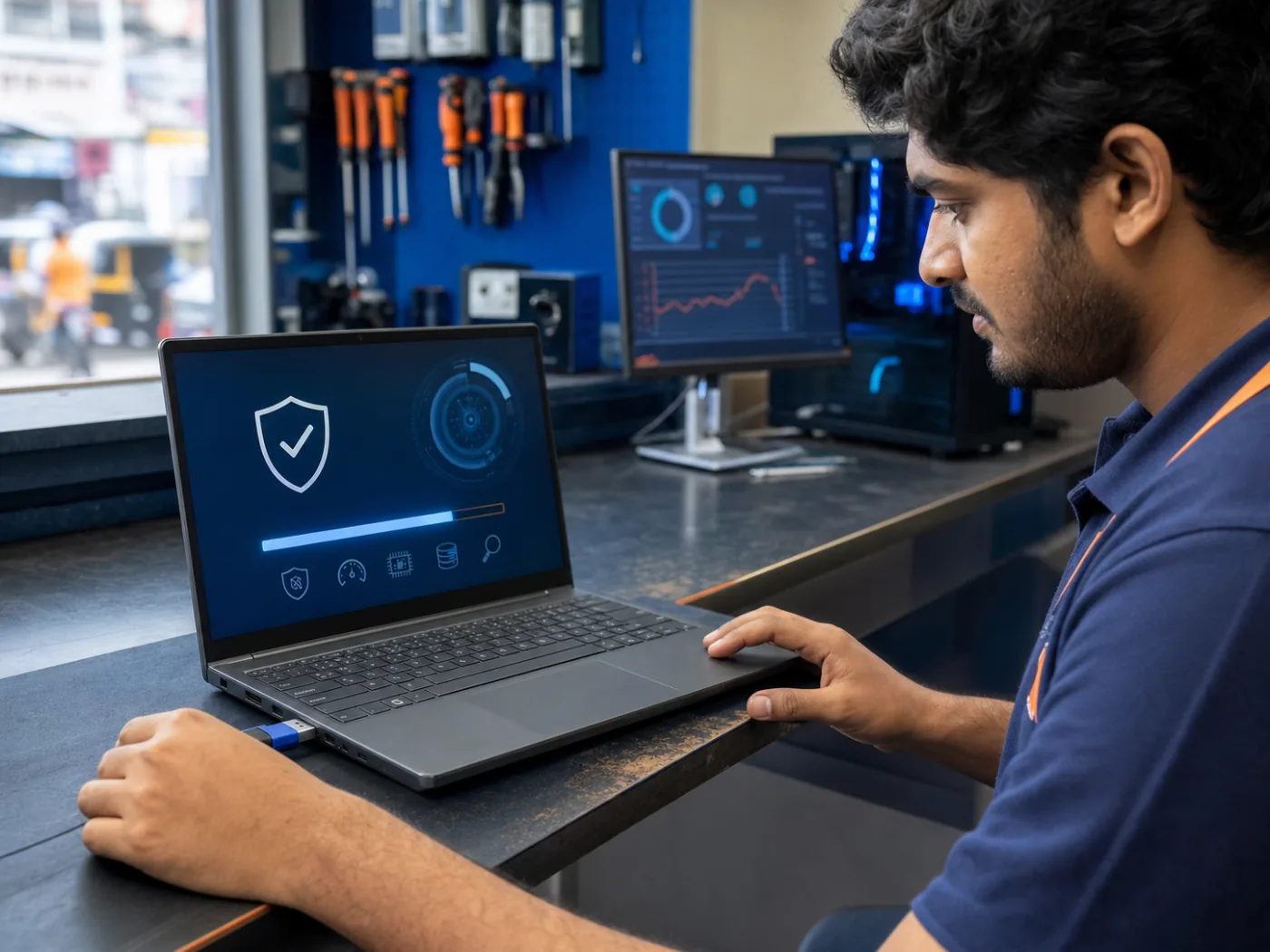Technician running a malware scan and computer performance diagnostic